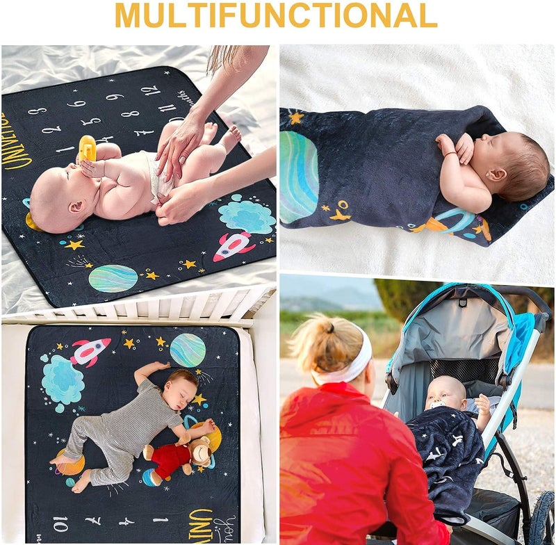 ComboJoy Baby Milestone Blanket - Cute Space Design Monthly Milestone Blanket for Baby Boy and Girl, Soft and Thick Flannel Material Wrapped with Milestone Stickers - Image 5